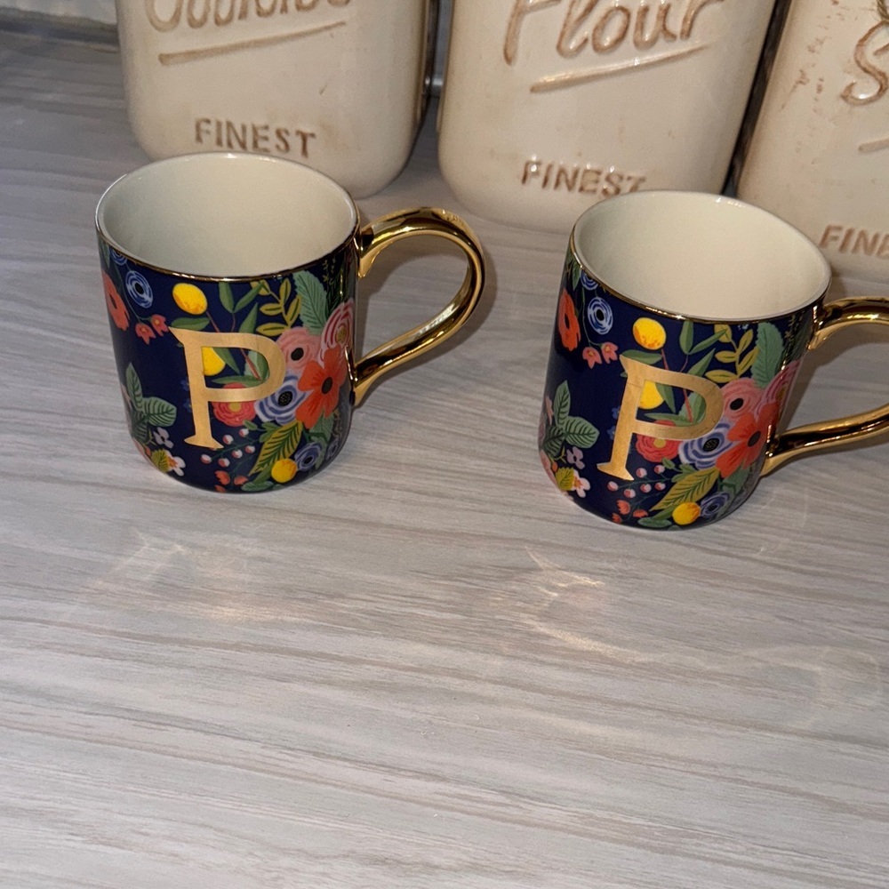 sale Rifle Paper Co. Anthropologie Floral Monogram Coffee Tea Cup/Mug Gold “P”